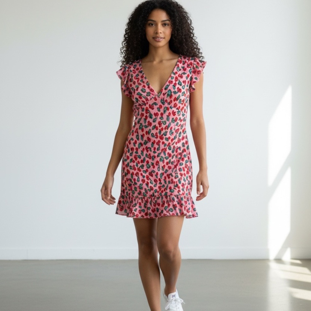 Beach Riot Pink Floral V-Neck Ruffle Mini Dress NWT